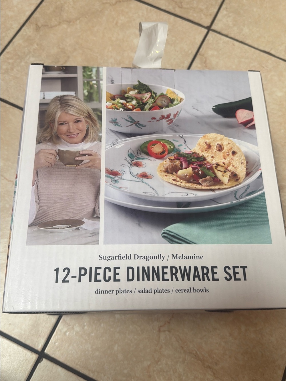12-Piece Melamine Dinnerware Set - White with Green Accents